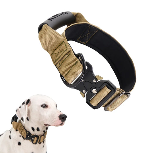 Heavy Duty Tactical Dog Collar with Handle — Metal Buckle Training Collar for Medium & Large Dogs