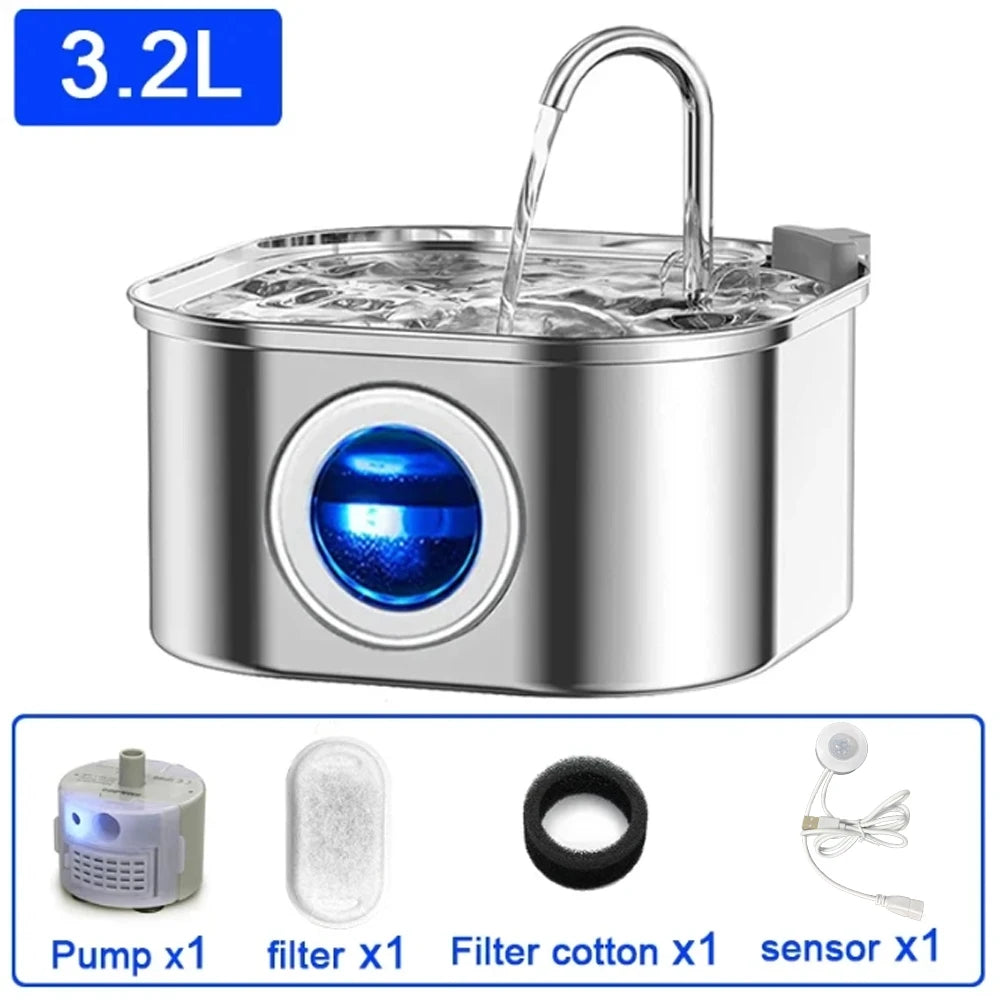 Transparent Window Cat Water Dispenser with sensor 3.2L/108oz Super Quiet& Pets Auto Filter Stainless Steel Cats Water Fountain