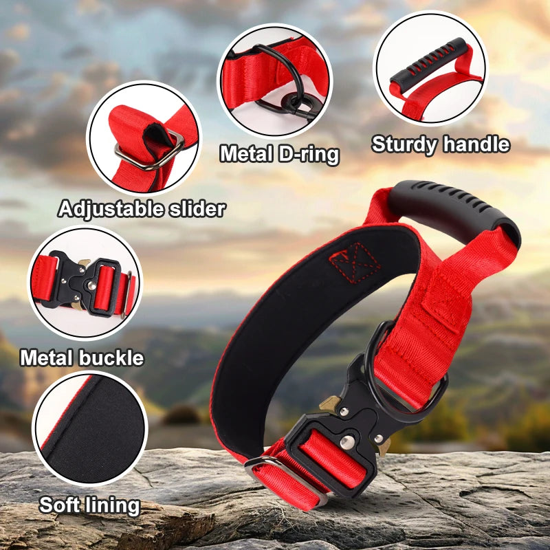 Heavy Duty Tactical Dog Collar with Handle — Metal Buckle Training Collar for Medium & Large Dogs