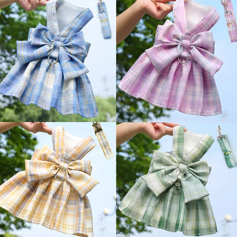 Plaid Bow Dress & Leash Set for Cats and Small Dogs