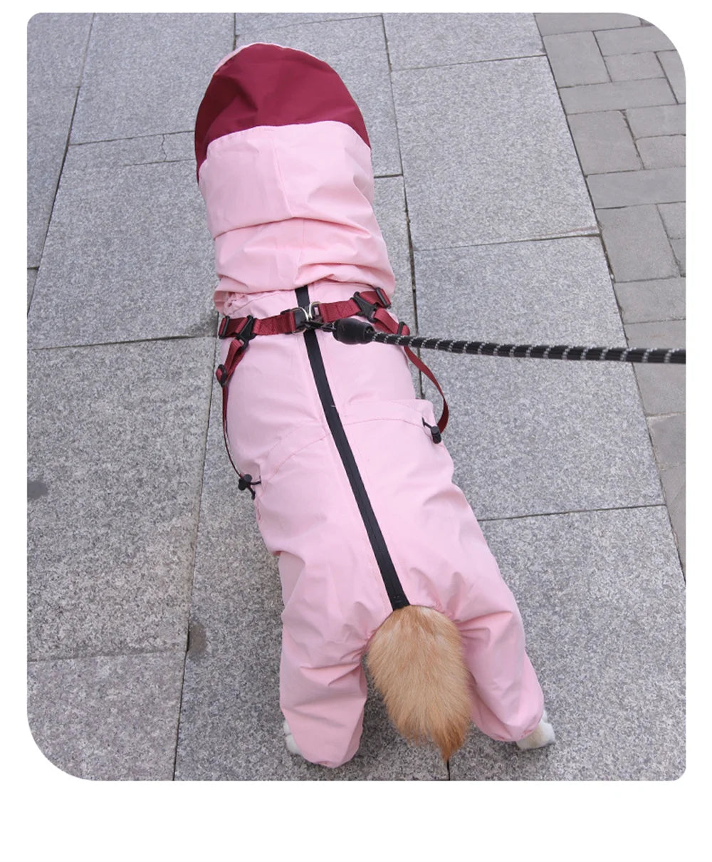 Waterproof Dog Raincoat with Harness & Detachable Hood