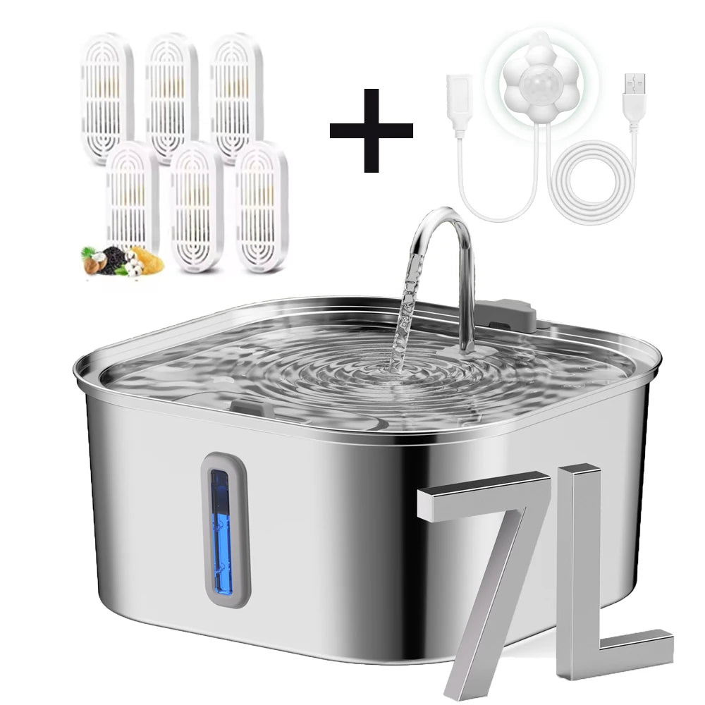 7L Stainless Steel Dog Automatic Water Feeder, With Water Level Window Display Dog Fountain, Large Pet Water Dispenser