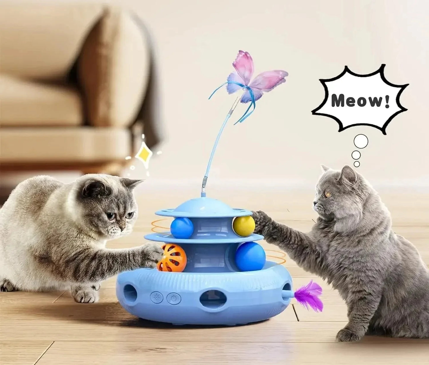 Jouet pour chat automatique rechargeable 4-en-1 avec papillon, plume et balle de piste