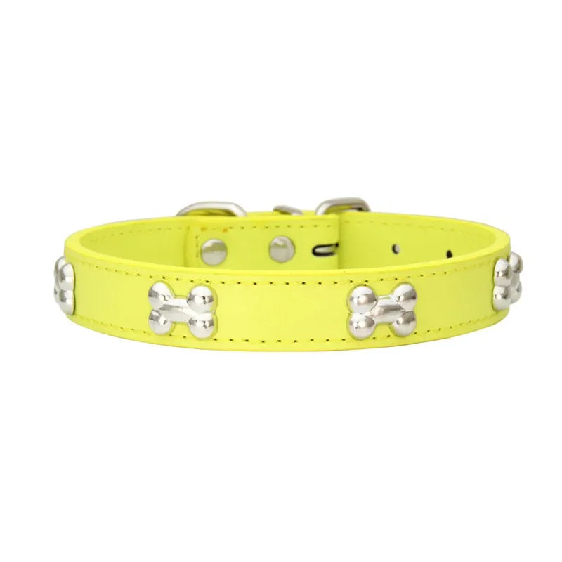 Durable Leather Dog Collar with Bone Design for Small to Large Dogs