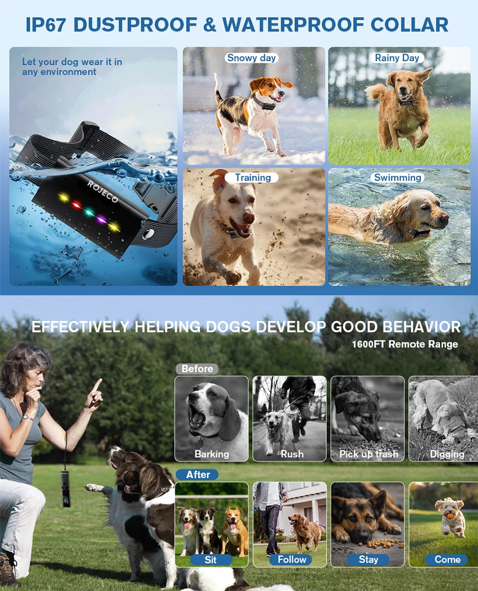Remote Dog Training Collar - 1600ft Range IP67 Waterproof Bark Control System