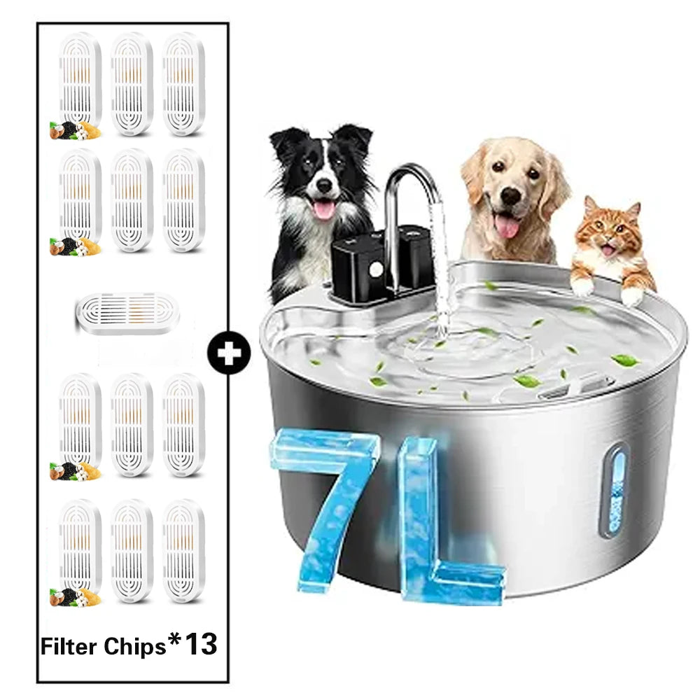Fontaine à eau sans fil rechargeable pour animaux de compagnie 7 L - Acier inoxydable