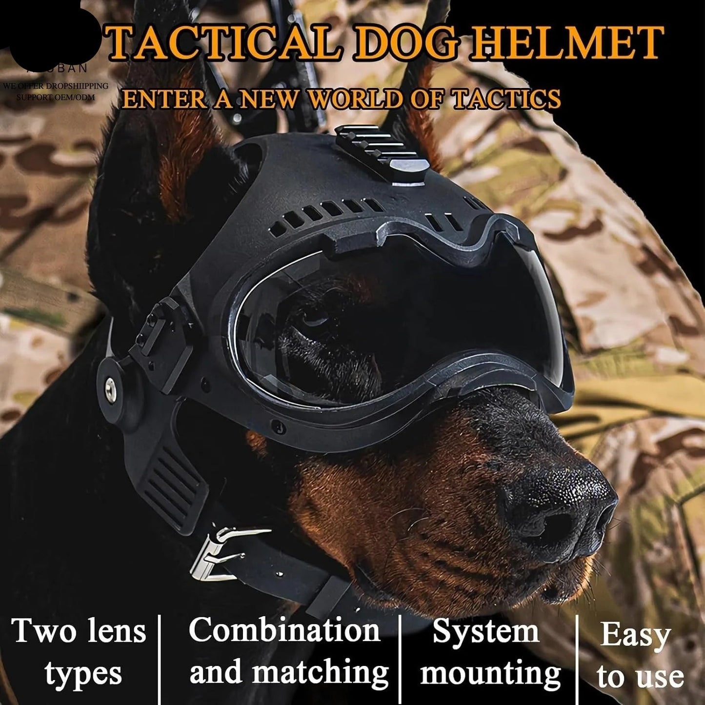 Tactical Dog Helmet with Removable Ear Guards — Adjustable Head Protection for Working Dogs & Large Breeds