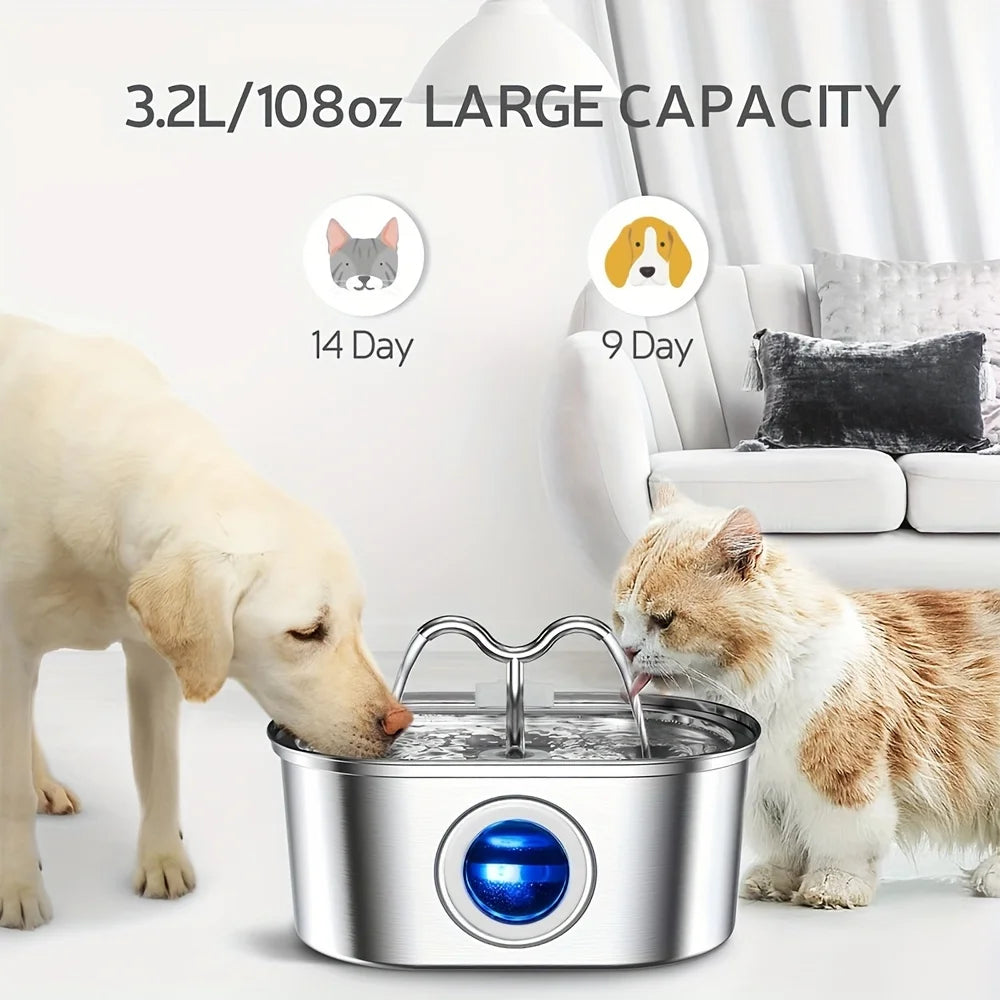 Distributeur d'eau pour animaux de compagnie en acier inoxydable 3,2 L, fontaine à eau automatique pour chat, distributeur d'eau intelligent pour chien, bol d'eau avec fenêtre visuelle, accessoires pour animaux de compagnie