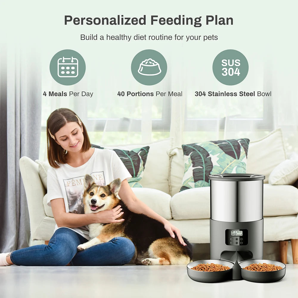 Distributeur automatique de croquettes 4L – Mangeoire en acier inoxydable avec contrôle par application WiFi ou bouton