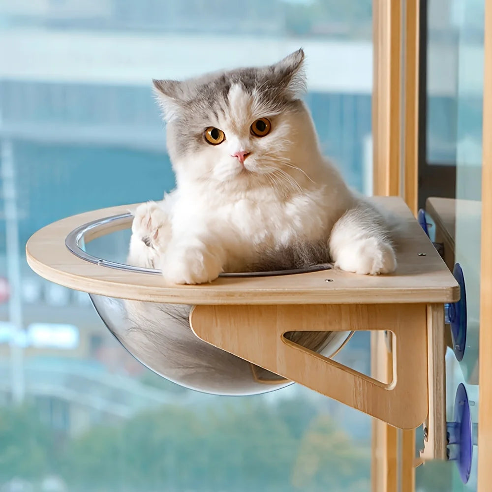 Cat Window Perch – Wooden Capsule Hammock Bed with Suction Cups