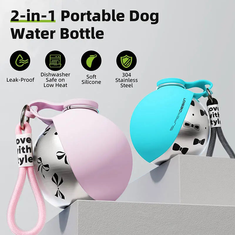 2-in-1 Foldable Dog Water Bottle with Bowl & Lanyard – 285ml Leakproof Travel Drinking Cup