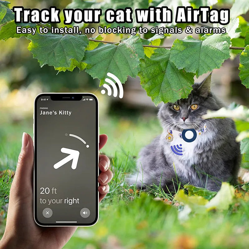 Collier de chat sécurisé avec support AirTag marguerite et grelot