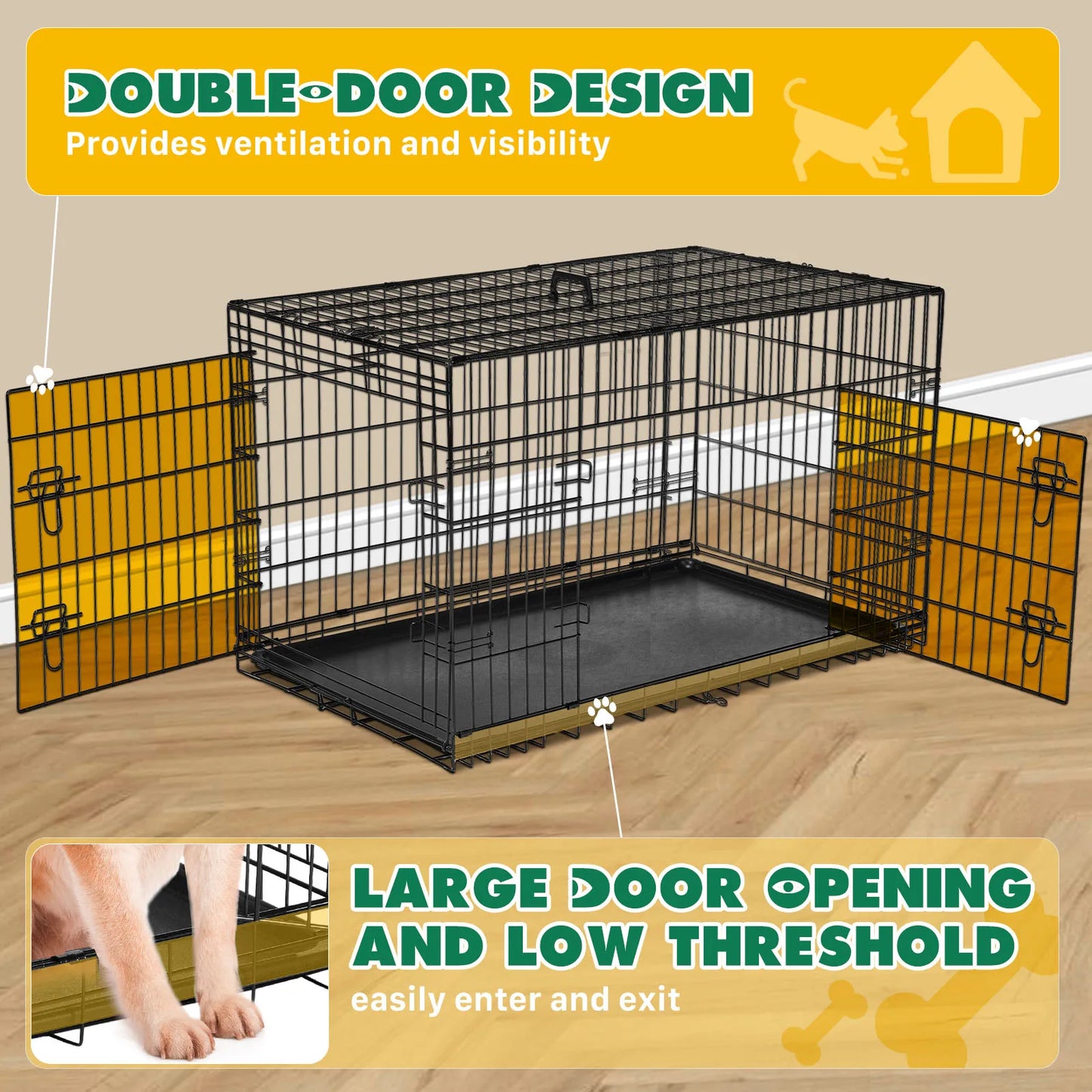 Folding Metal Wire Dog Crate with Leak-Proof Tray | Double Door