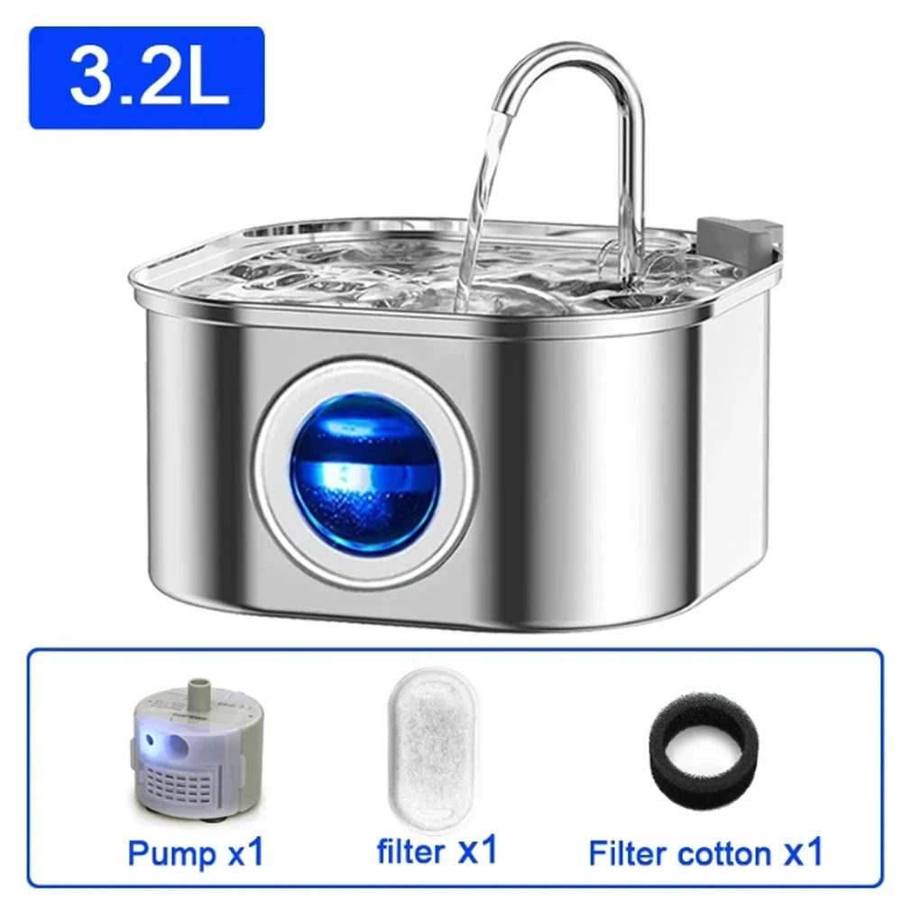 Transparent Window Cat Water Dispenser with sensor 3.2L/108oz Super Quiet& Pets Auto Filter Stainless Steel Cats Water Fountain
