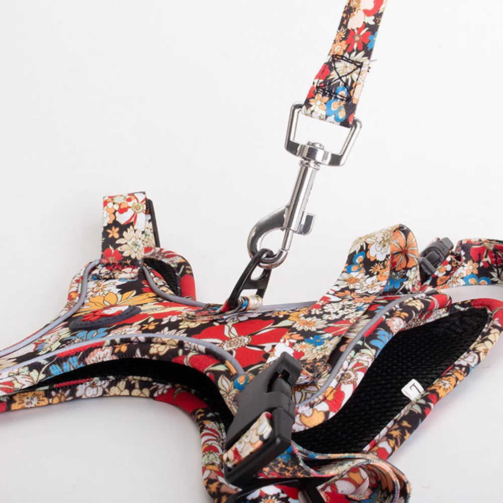 Floral Print Dog Harness & Lead Set with Reflective Strips