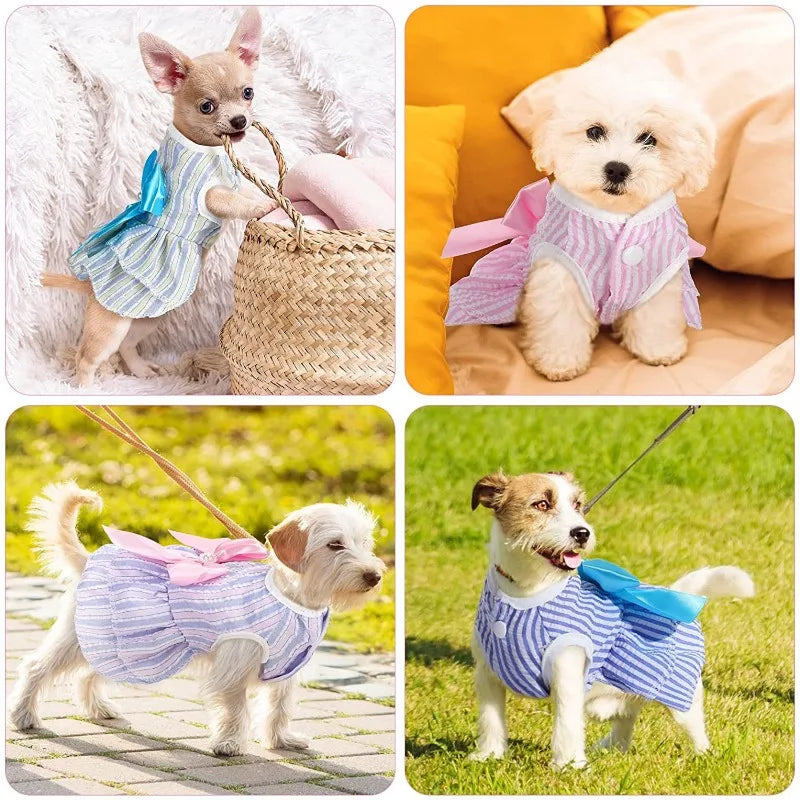 Robe de princesse pour animaux de compagnie - Robe d'été à rayures et carreaux avec nœud pour chats et petits chiens