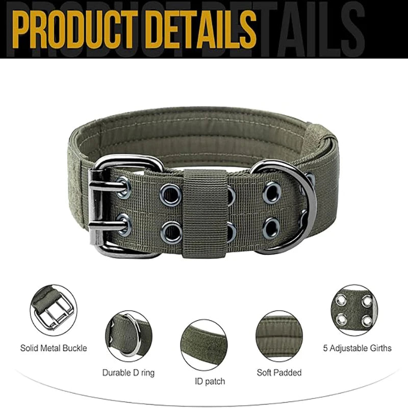 Military Dog Collar with Metal D-Ring & Buckle — Adjustable Working Collar for Medium & Large Dogs