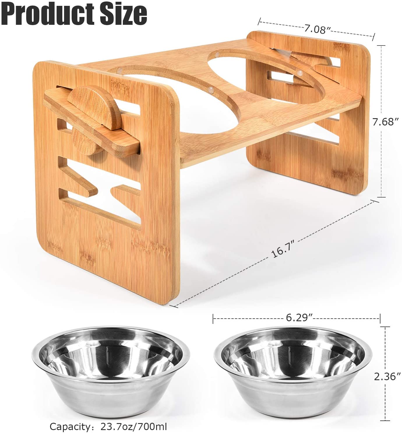 Bamboo Elevated Slanted Bowl Stand for Dogs & Cats — 15° Tilt or Flat, 6 Adjustable Heights