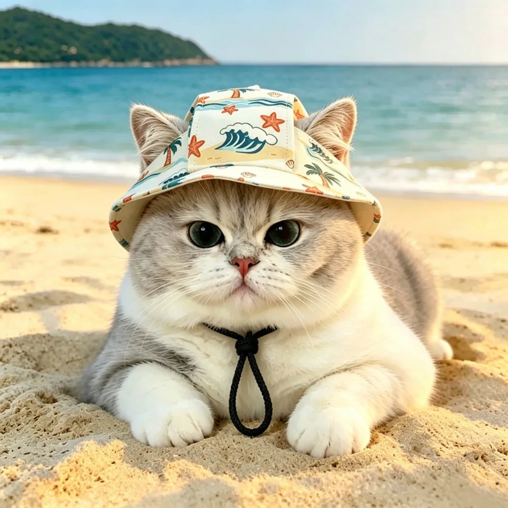 Cotton Bucket Sun Hat with Ear Holes for Cats & Small Dogs