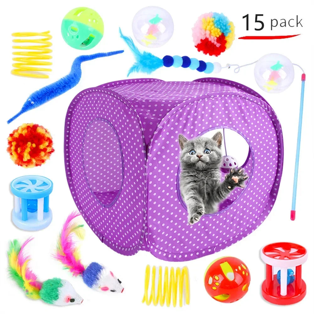 Foldable Cat Play Tunnel with Toys - Interactive Tent for Kittens