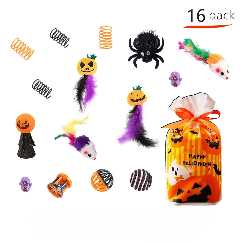 Halloween Cat Toys Set with Bats, Spiders and Pumpkins