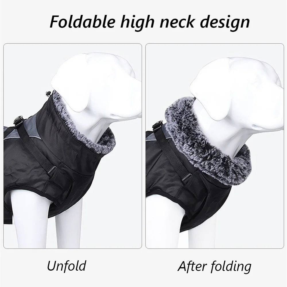 Reflective Waterproof Winter Dog Coat with Fur Collar & Harness