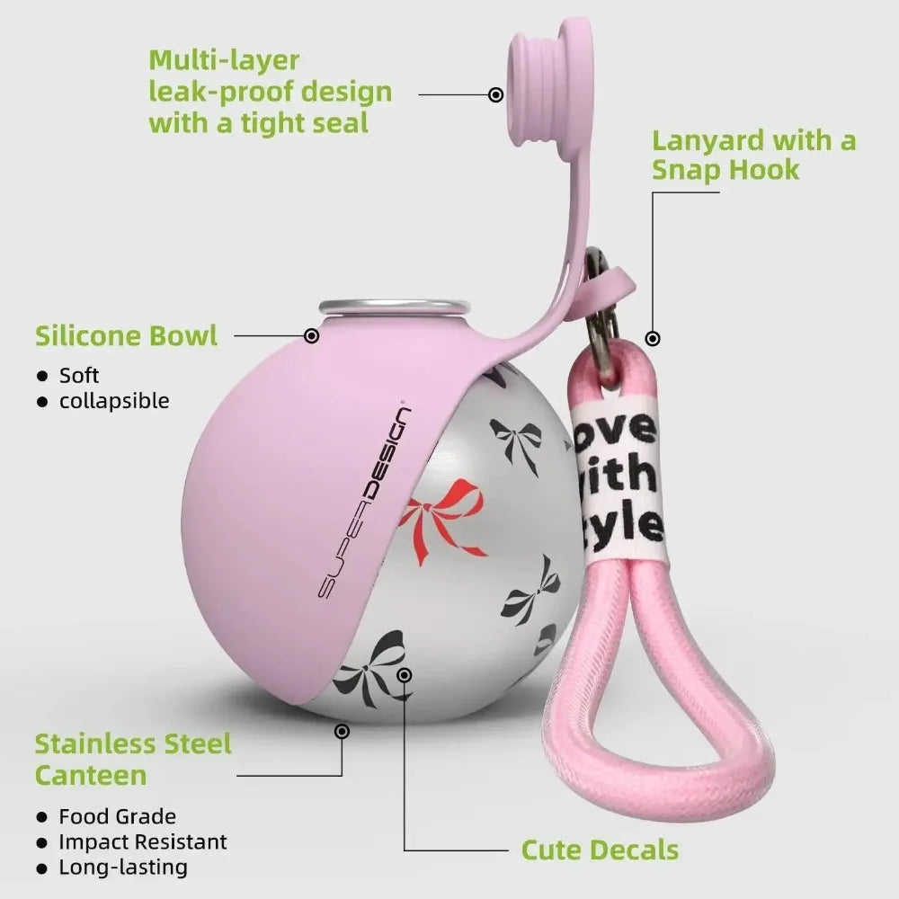 Stainless Steel Dog Travel Water Bottle with Collapsible Silicone Bowl & Lanyard