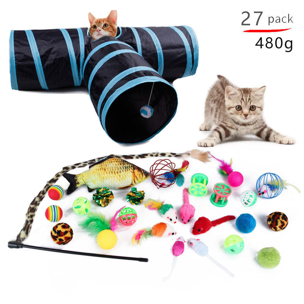 Foldable Cat Play Tunnel with Toys - Interactive Tent for Kittens
