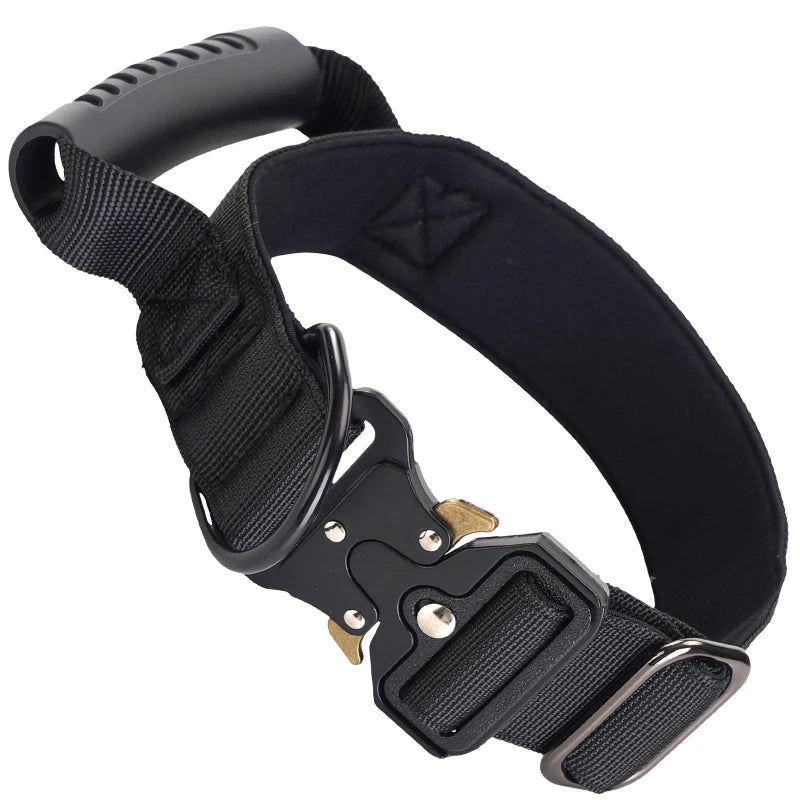 Heavy Duty Tactical Dog Collar with Handle — Metal Buckle Training Collar for Medium & Large Dogs