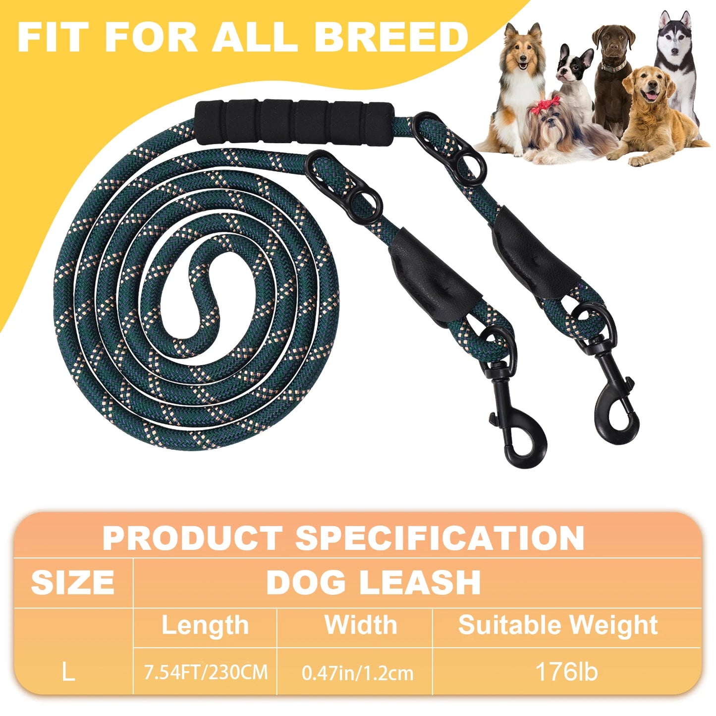 Heavy Duty Multi-Function Dog Lead with Padded Handle – 7.5ft Hands-Free