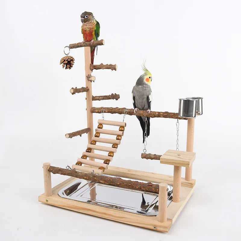 Perchoir d'escalade en bois naturel pour perroquets avec balançoire, échelle et pont suspendu
