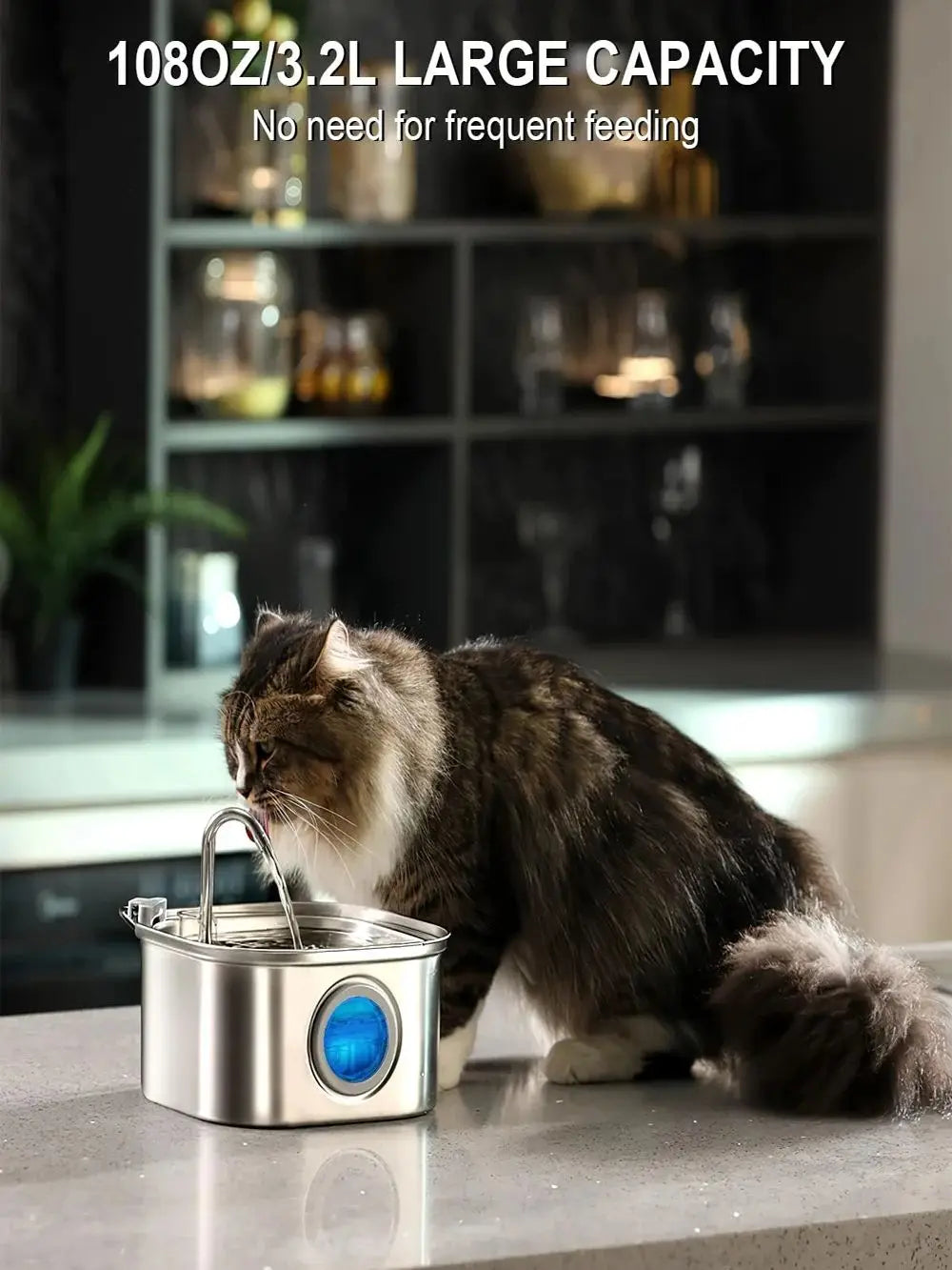 Transparent Window Cat Water Dispenser with sensor 3.2L/108oz Super Quiet& Pets Auto Filter Stainless Steel Cats Water Fountain