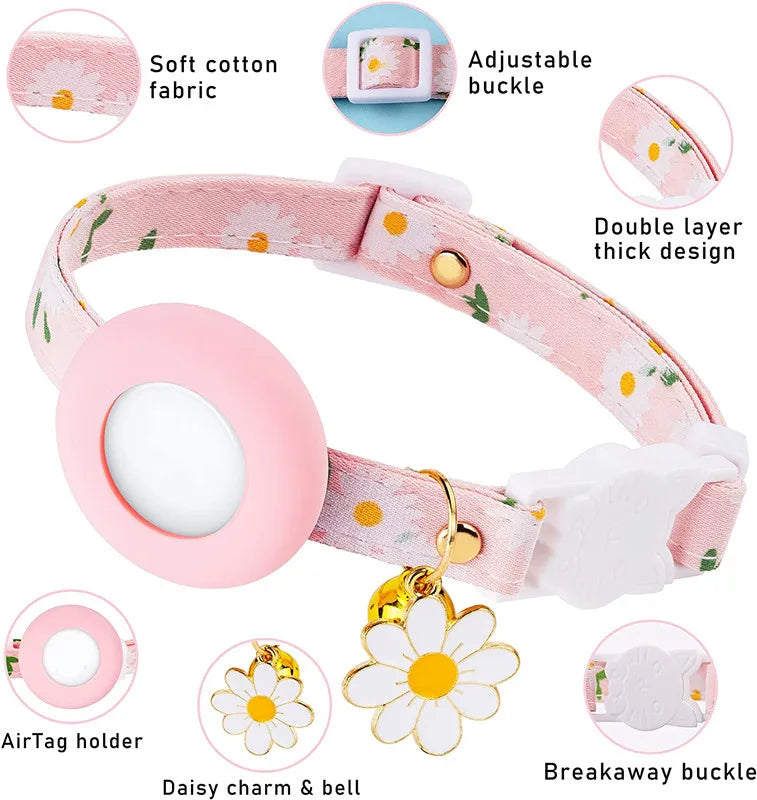 Collier de chat sécurisé avec support AirTag marguerite et grelot