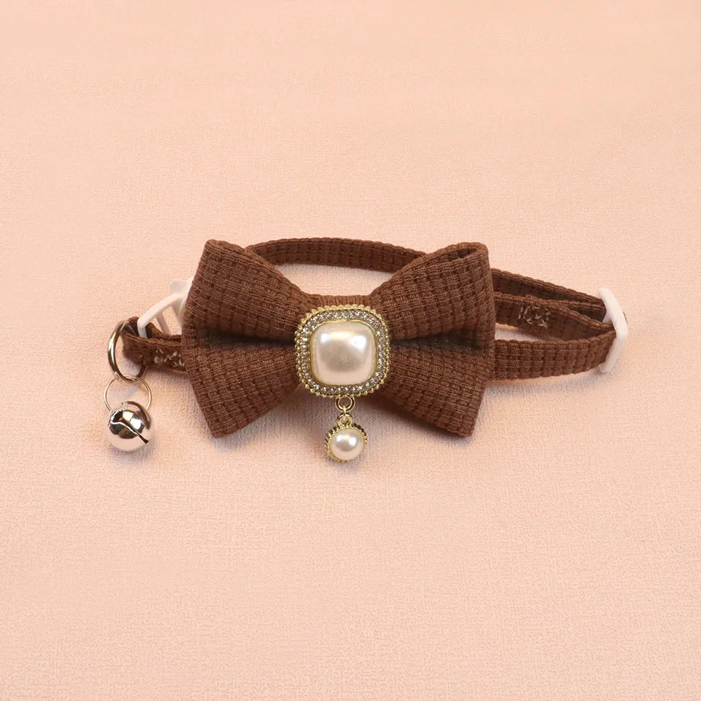 Waffle Bow & Pearl Pendant Cat Collar with Bell