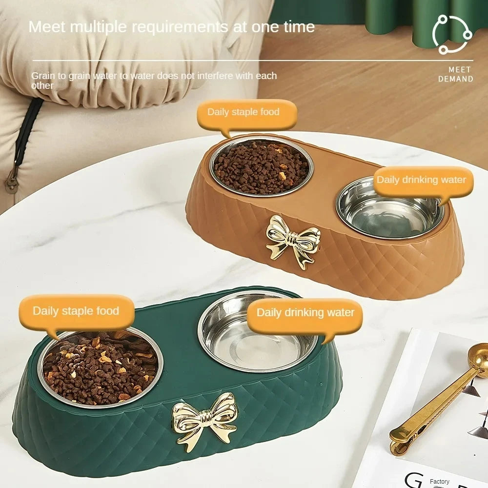 Bow-Tie Double Pet Bowl – Stainless Steel Inserts with PP Stand, for Cats & Dogs