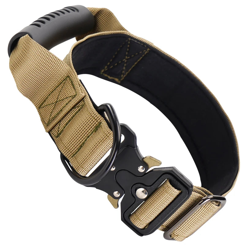 Heavy Duty Tactical Dog Collar with Handle — Metal Buckle Training Collar for Medium & Large Dogs