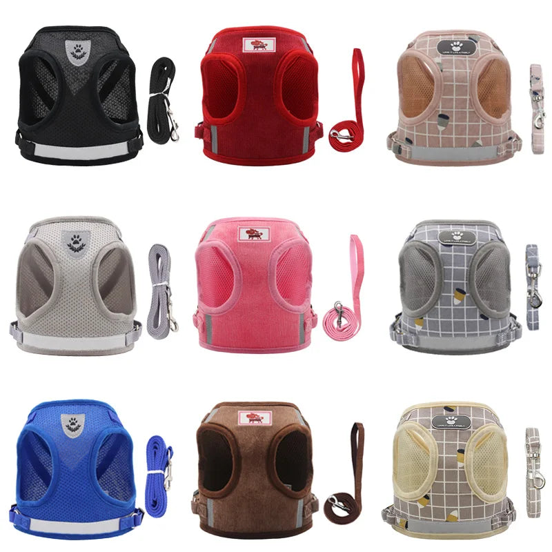 Reflective Mesh & Plaid Dog Vest Harness and Leash Set