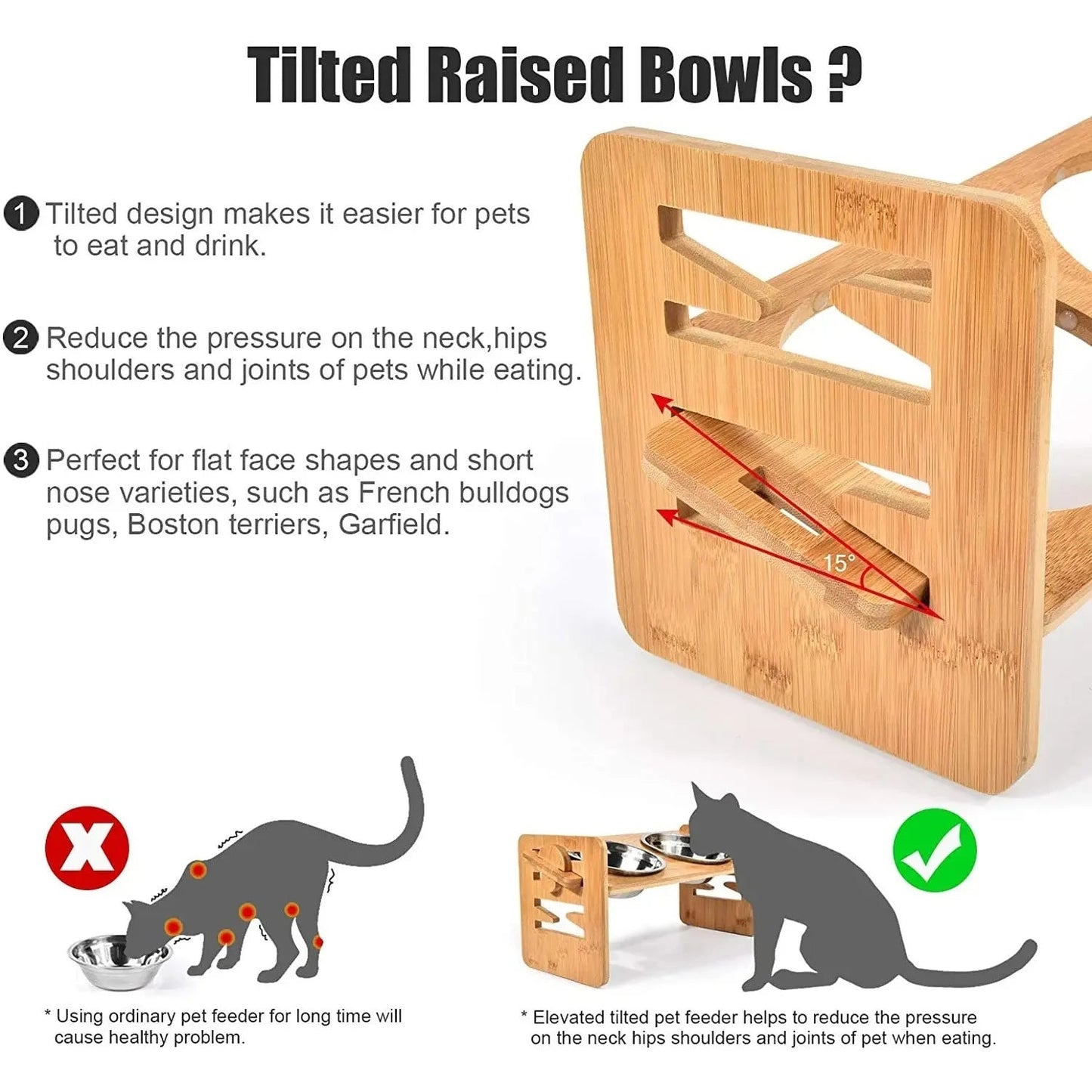 Bamboo Elevated Slanted Bowl Stand for Dogs & Cats — 15° Tilt or Flat, 6 Adjustable Heights