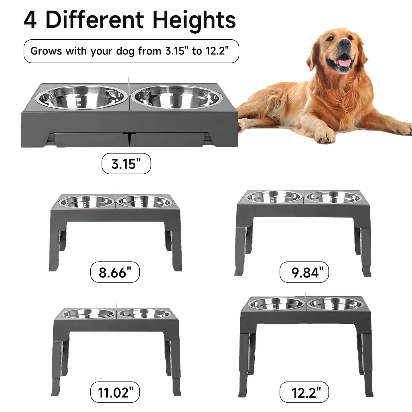 Adjustable Elevated Dog Feeder with Stainless Steel Bowls – 5 Heights