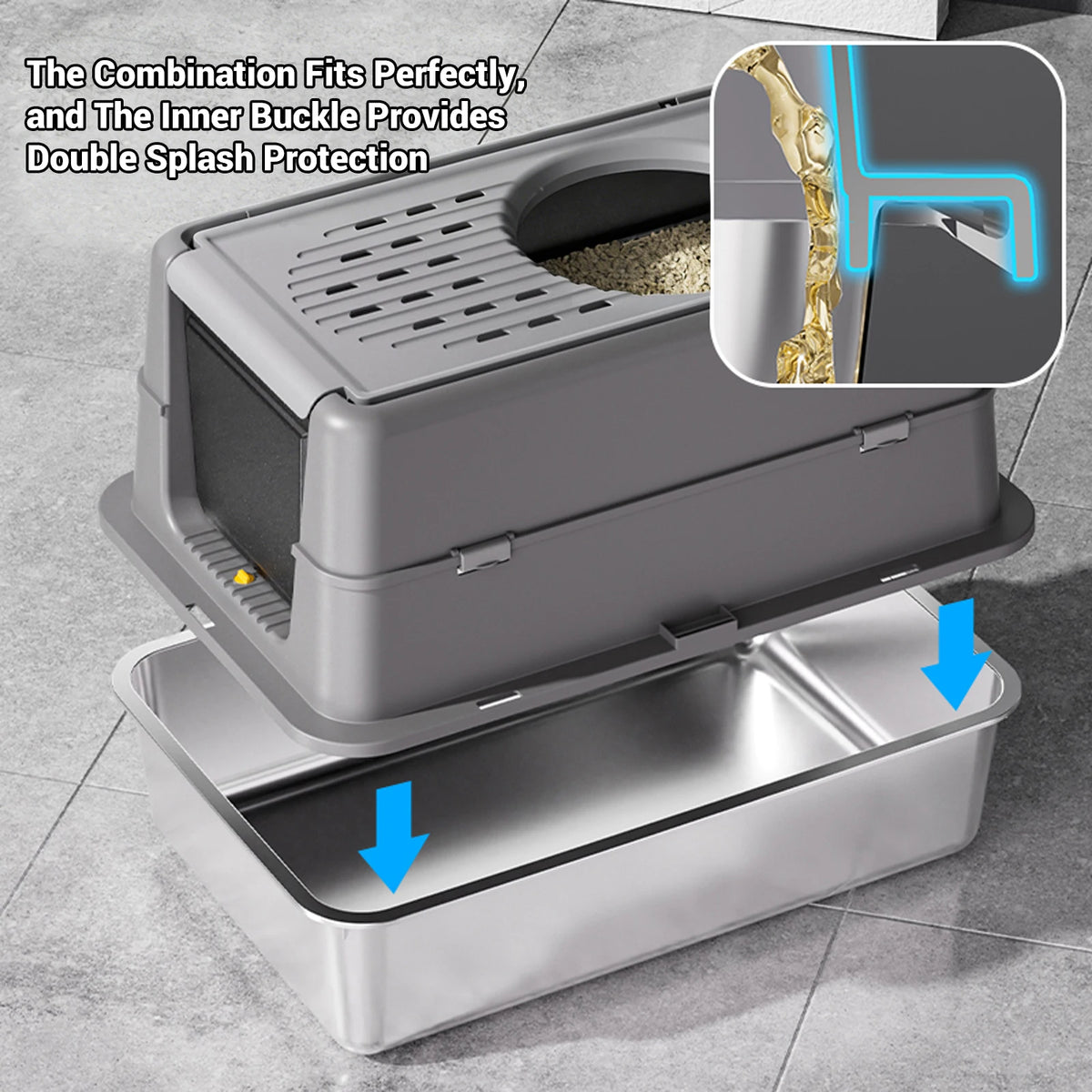Extra Large Stainless Steel Cat Litter Box | 35L | Flip-Top | Dual Entry | Odour Control