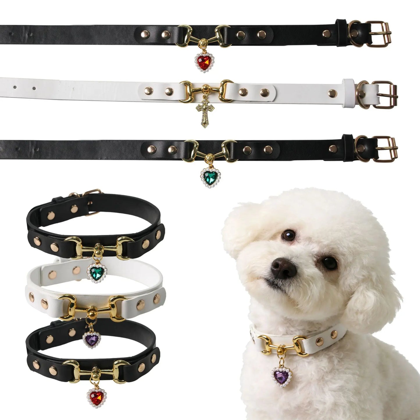 Heart Print Leather Collar for Small Dogs & Cats