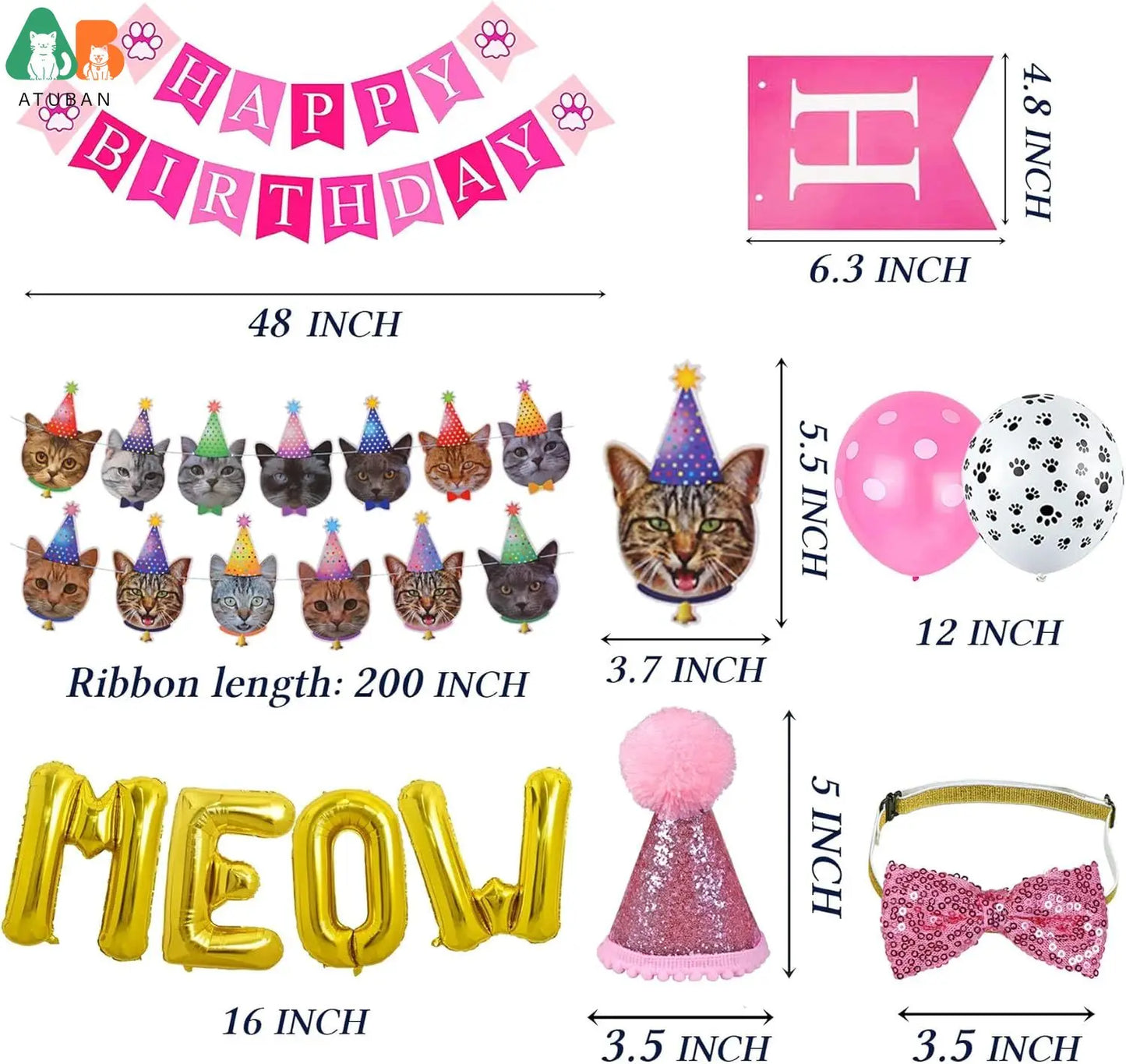 Fournitures d'anniversaire pour chat - Ensemble chapeau, bandana et nœud papillon
