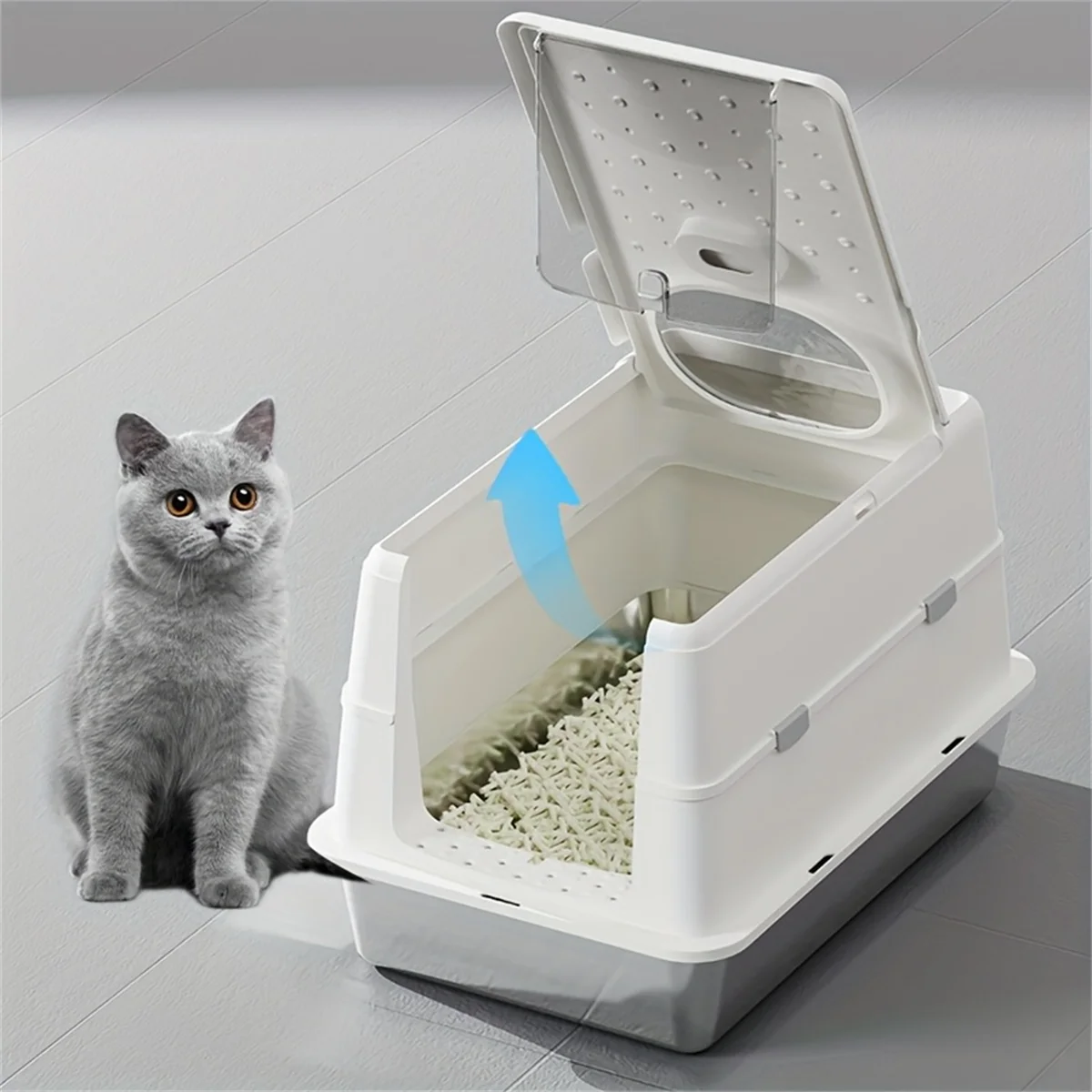 Enclosed Stainless Steel Cat Litter Box with Flip Cover & Non-Slip Mat