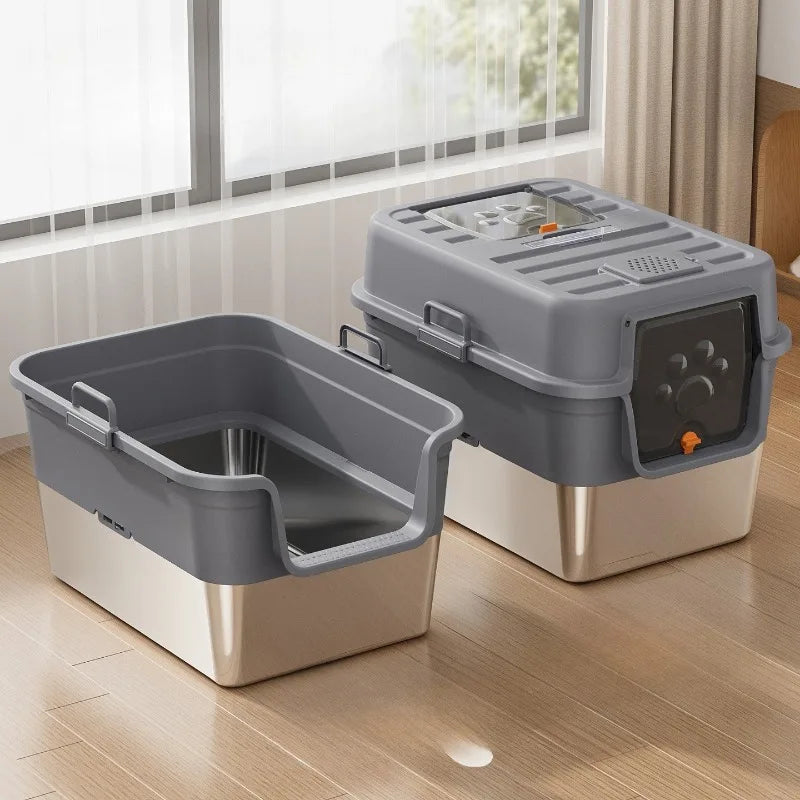 Stainless Steel Top Entry Self-Cleaning Cat Litter Box — Extra Large, Splash-Proof & Portable