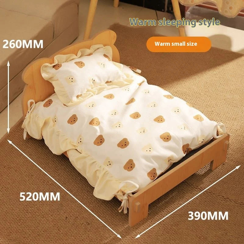 Solid Wood Pet Bed with Removable Washable Mat – All-Season Cat & Dog House
