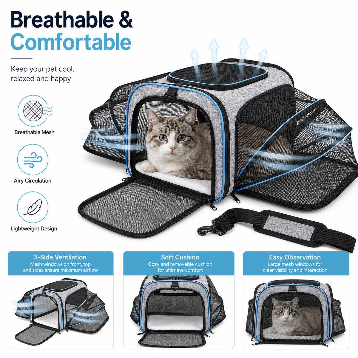 Double-Expandable Pet Carrier with Removable Cushion