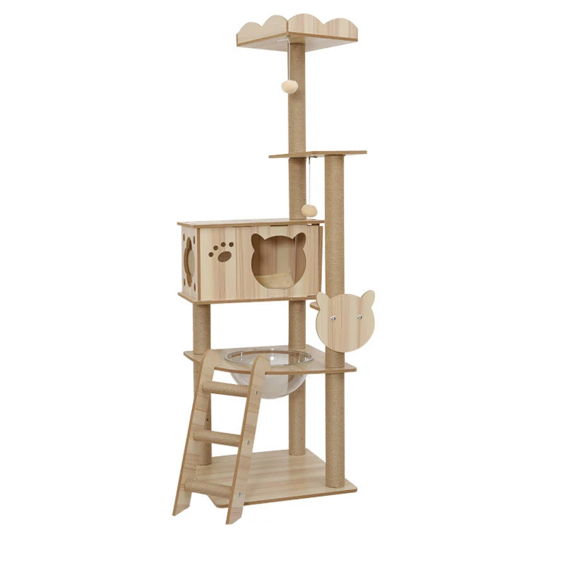 Multi-Level Wooden Cat Tree with Sisal Scratching Posts