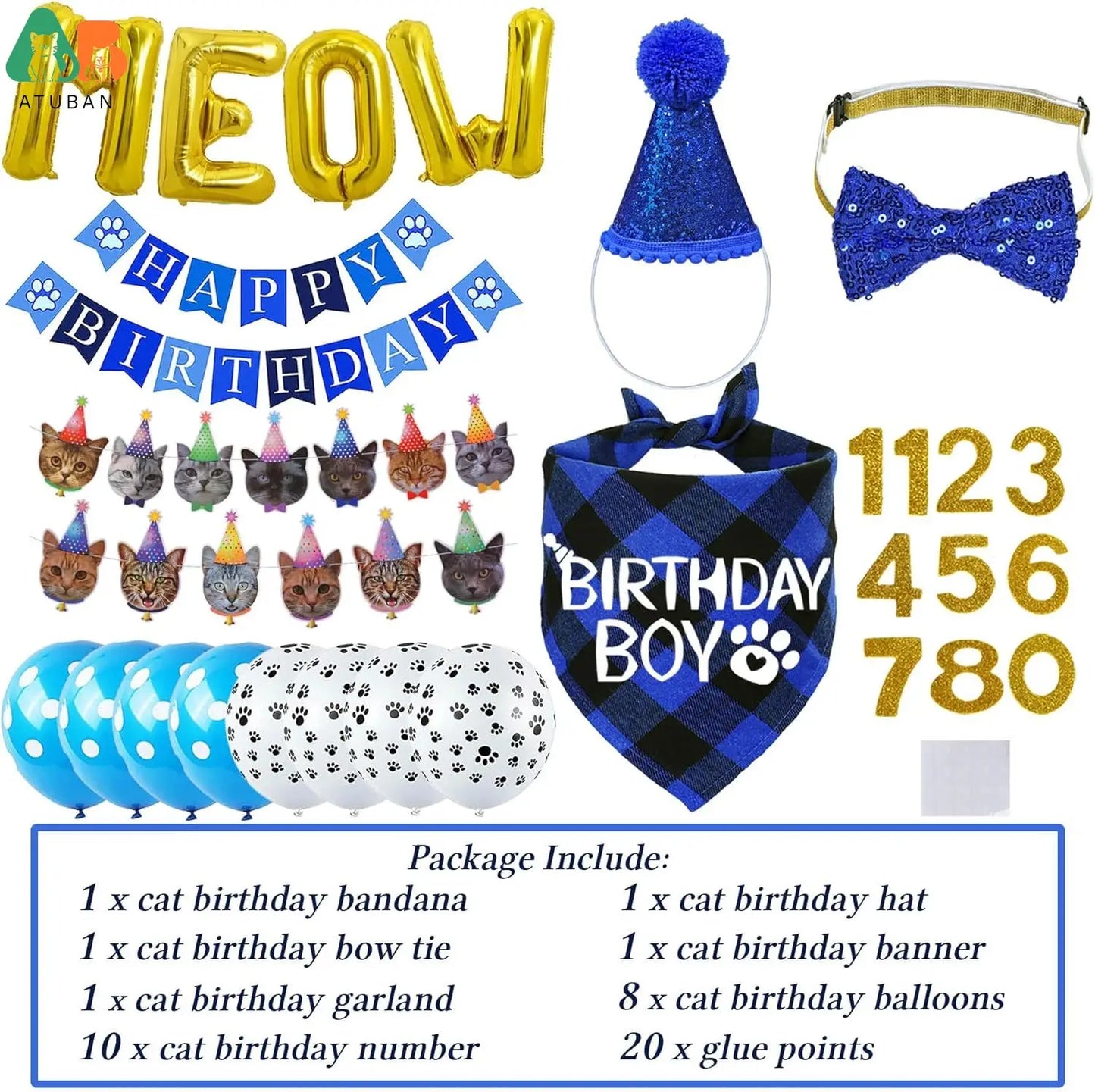Fournitures d'anniversaire pour chat - Ensemble chapeau, bandana et nœud papillon