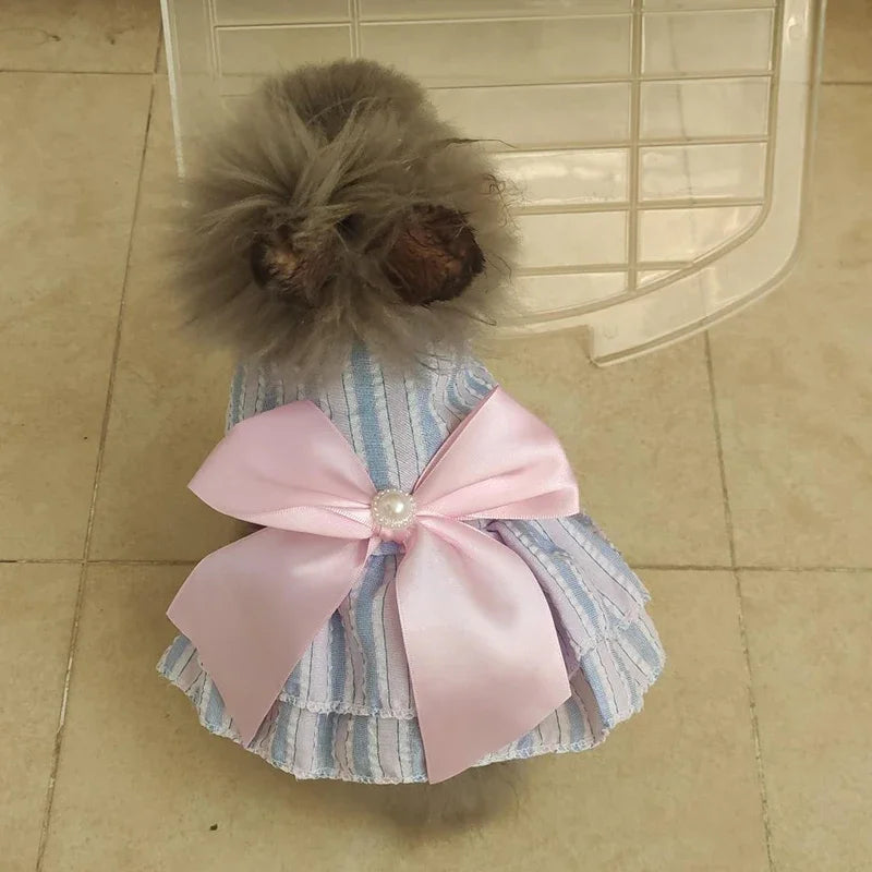 Robe de princesse pour animaux de compagnie - Robe d'été à rayures et carreaux avec nœud pour chats et petits chiens