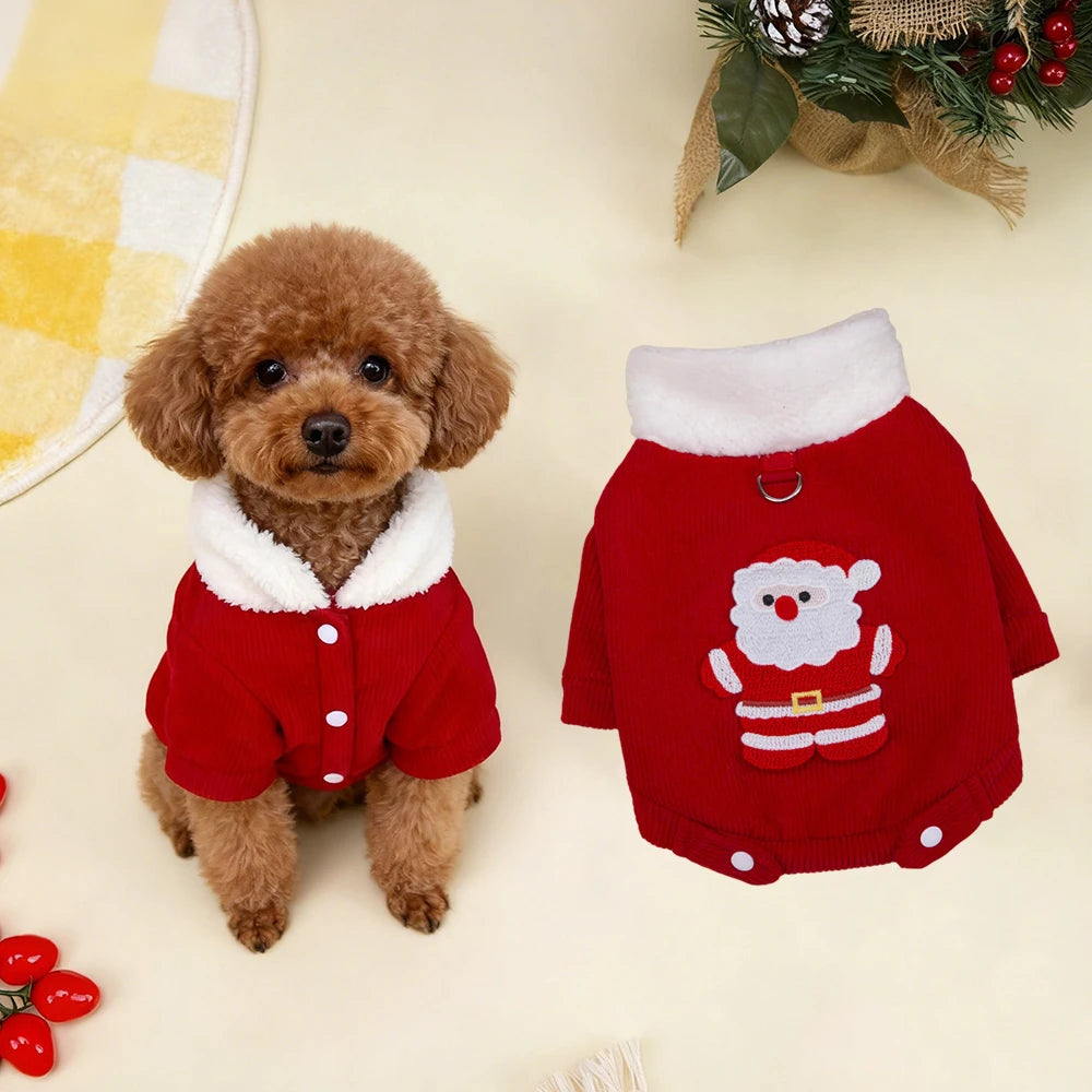Christmas Pet Jacket with Fur Collar & Traction Ring